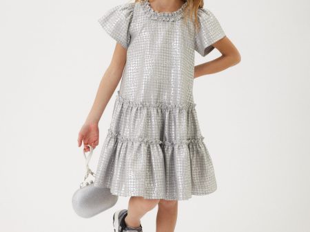 Monnalisa Girls Houndstooth Jacquard Dress in Silver For Discount