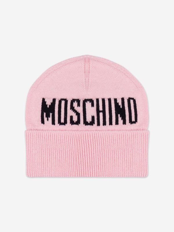 Girls Knitted Logo Beanie Hat in Pink Hot on Sale