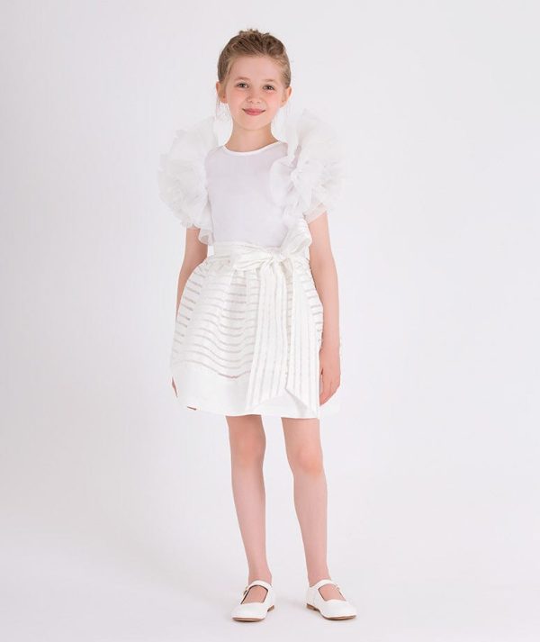 Mama Luma Girls Organza Striped Bow Skirt in White Online Sale