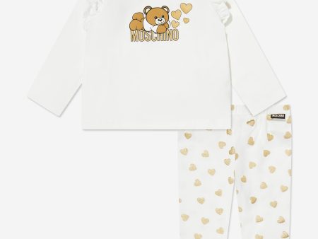 Baby Girls Bear Logo Leggings Set in Ivory Cheap