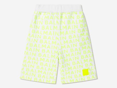 Balmain Boys Logo Jersey Shorts in White on Sale