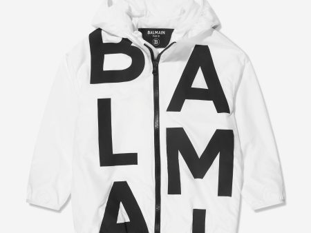 Balmain Boys Logo Print Hooded Jacket in White Sale